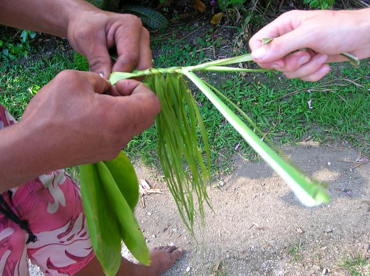 21DSCN1836.JPG - Le travail des vgtaux : tresse d'une feuille d'Auti pour raliser une couronne